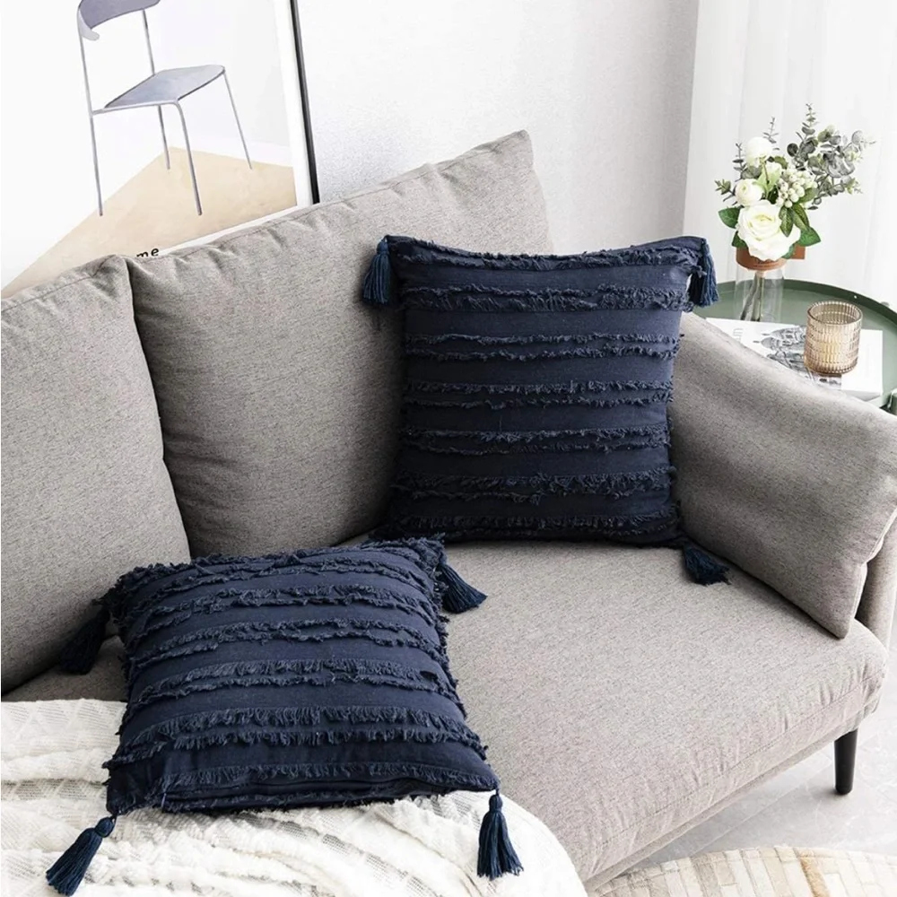 Luxury Home | Navy Blue Striped Frayed Jaquard Corner Tassel Throw Pillow Covers